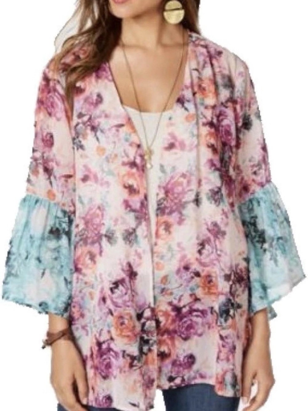 Style & Co.  Women’s Pink Orange Floral Sheer Bell Sleeve Kimono Sz 2X